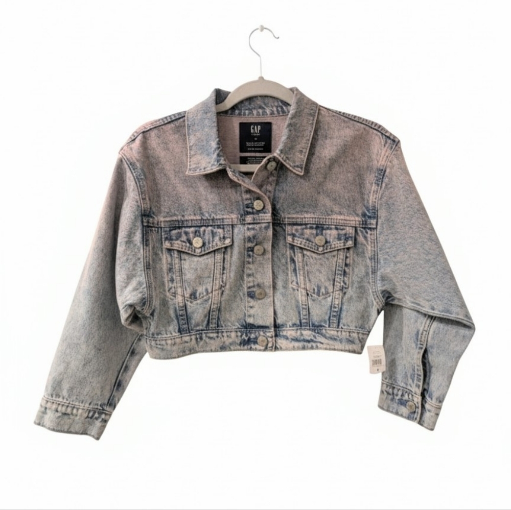 NWT Gap Teen Cropped Denim Jacket | Pink Acid Wash | Size M (8-9)
